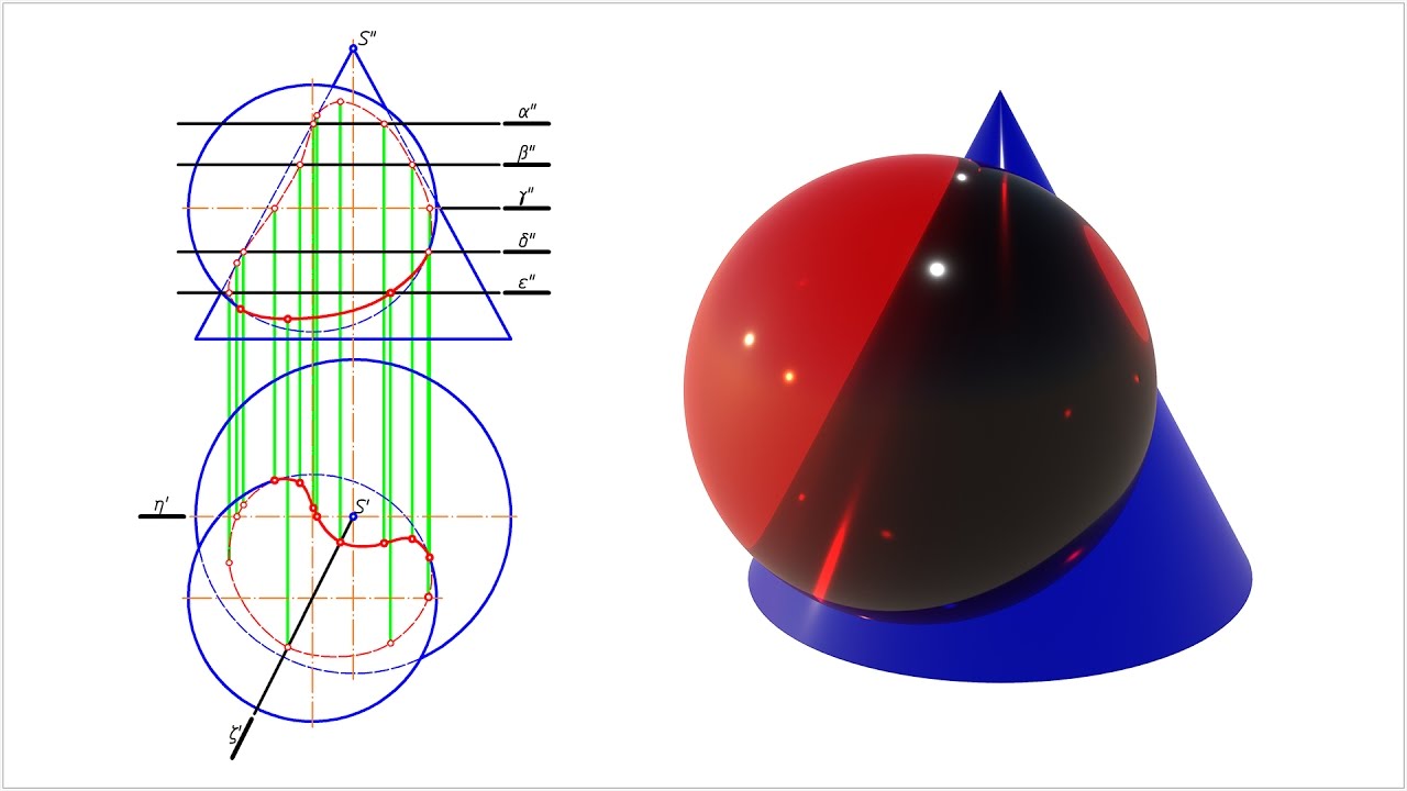 Линия пересечения поверхностей конуса и сферы (метод секущих плоскостей)