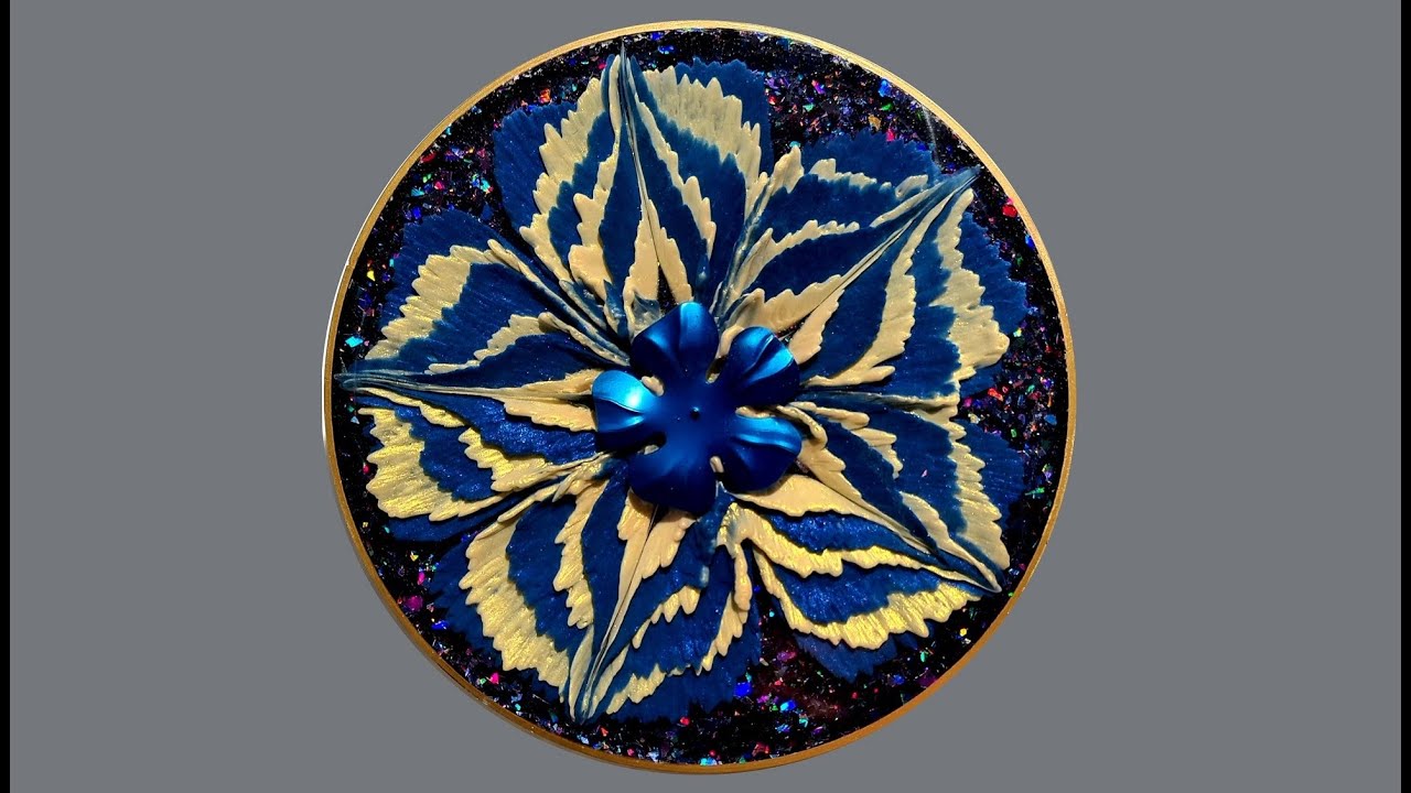 #1235 Metallic Gold And Navy 3D Resin Flower Coaster