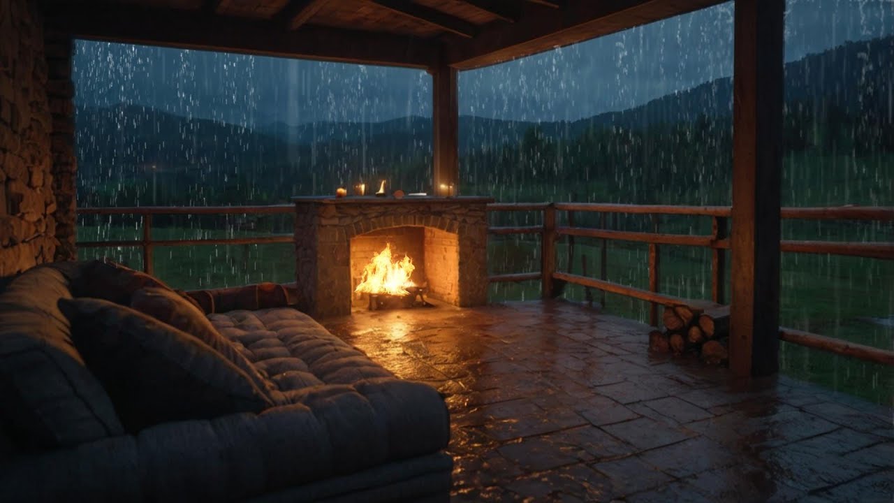 Relaxing Rain Sounds Outside a Cozy Lake Cabin with Fireplace Ambience for Deep Sleep 🌲