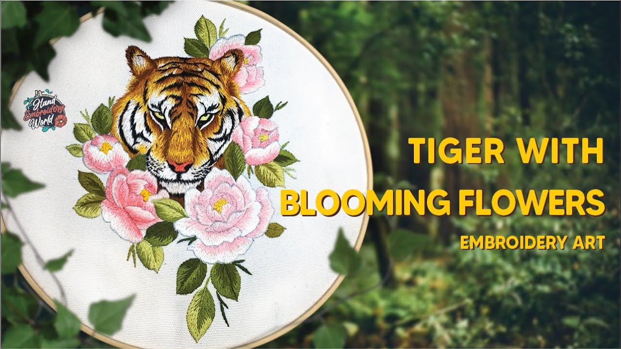 Tiger with Blooming Flowers   Embroidery Art