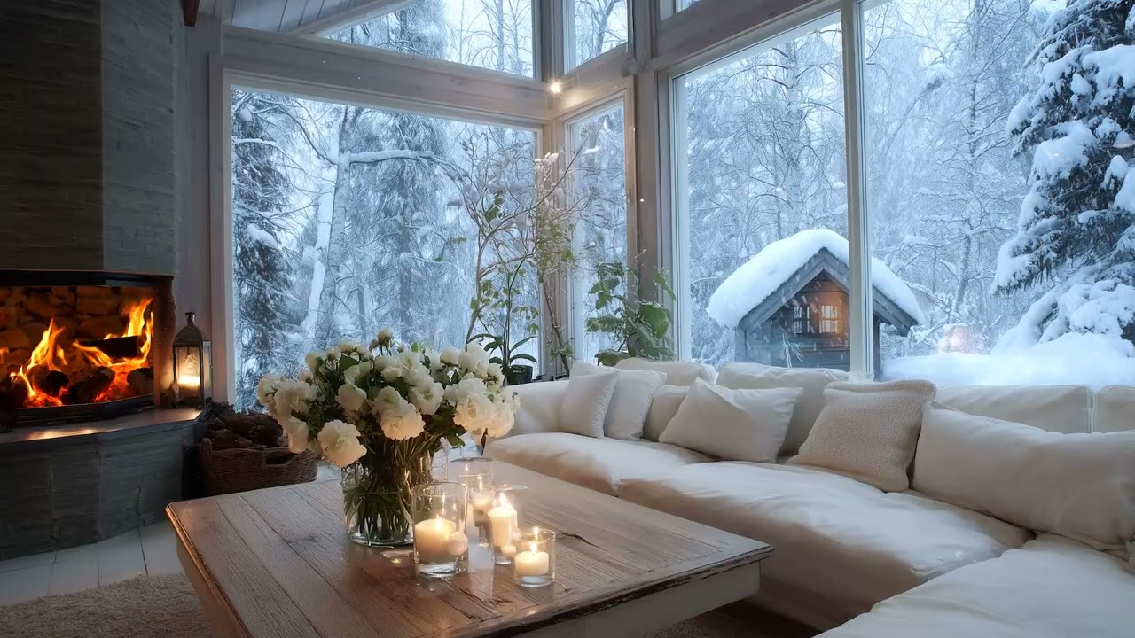 Soft Piano Music for Sleep with Fireplace Sounds and Snow Falling in the Winter Night