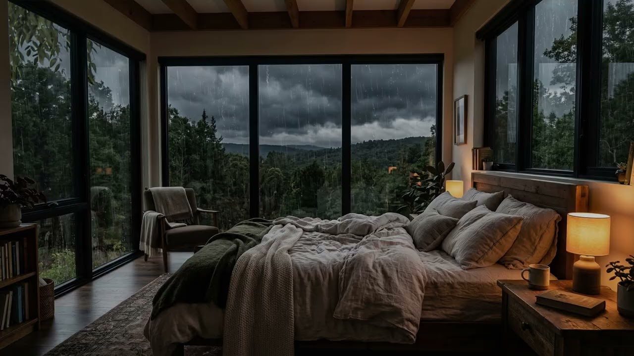 Gentle Rain 🌧️ Drifting Past A Cozy Bedroom Window While Tall Forest Pines 🌲 Fade Into Mist
