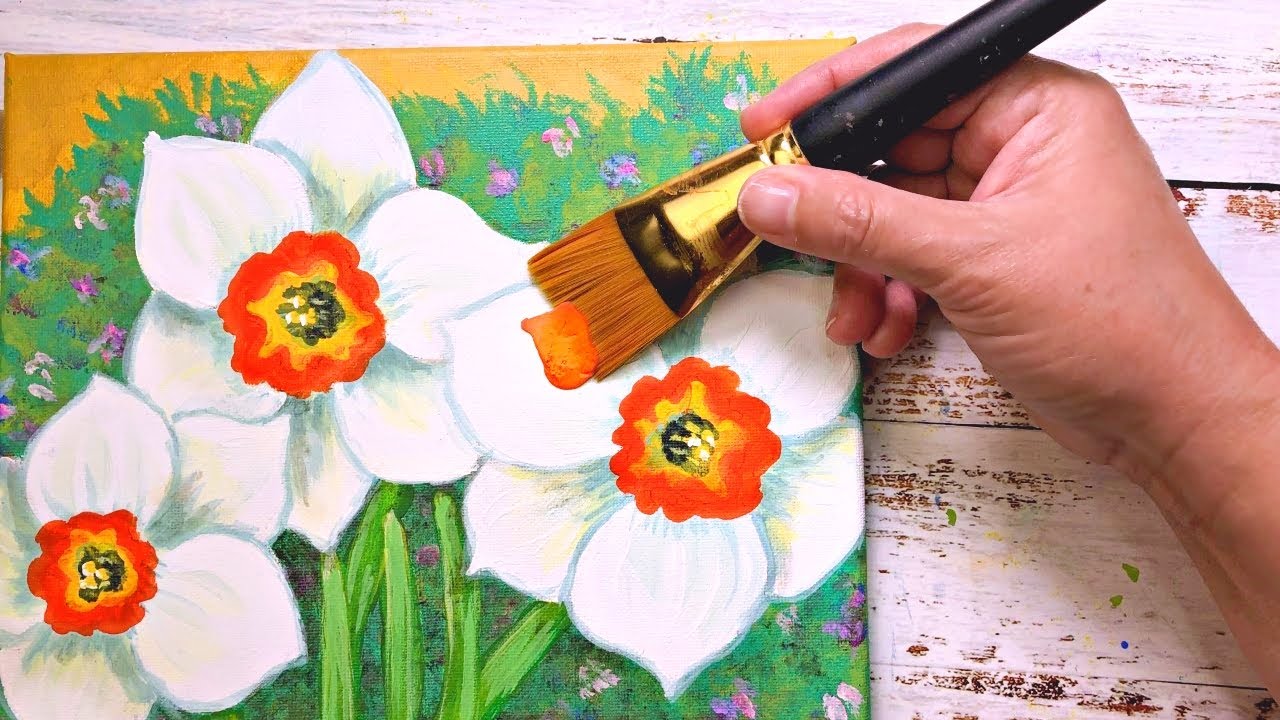 Painting on Canvas | Acrylic Painting Flowers | Paint Daffodil on a Canvas for Beginners