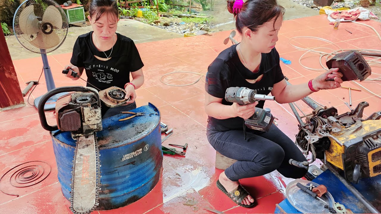The girl repaired the badly damaged chainsaw. The girl would like to thank you.