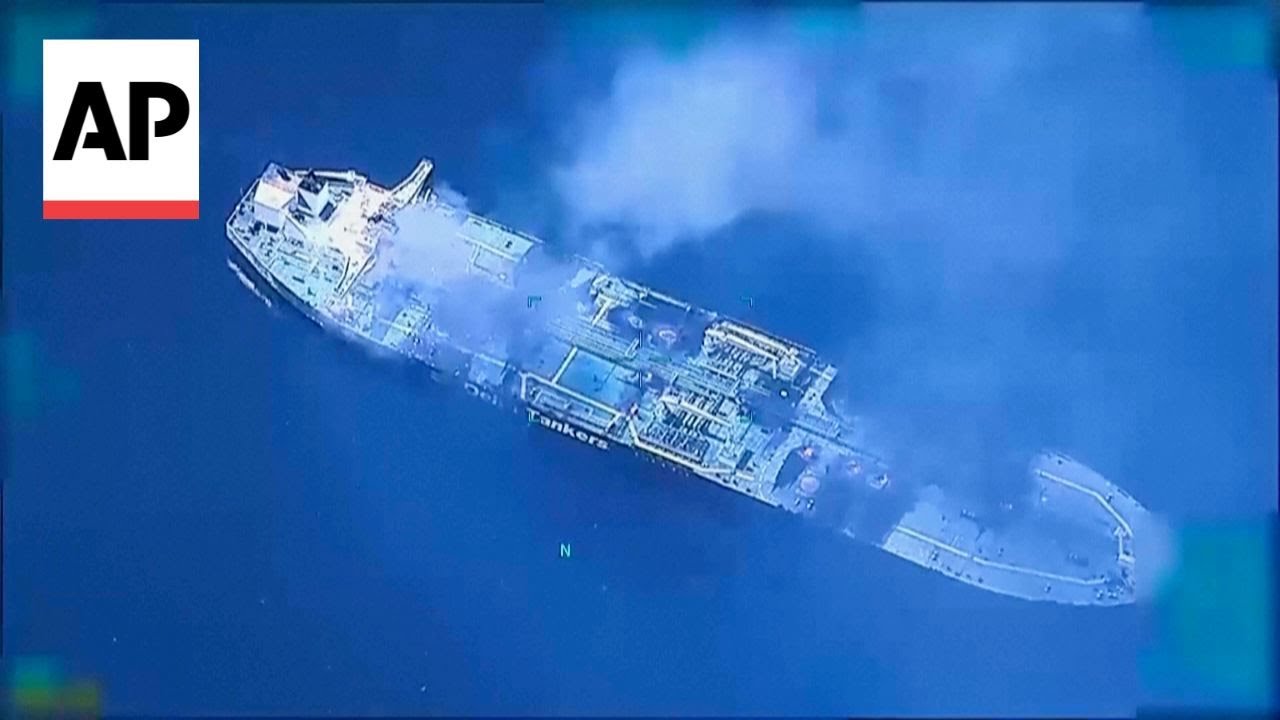 US drone footage shows tanker burning in Red Sea after Yemen rebel attack