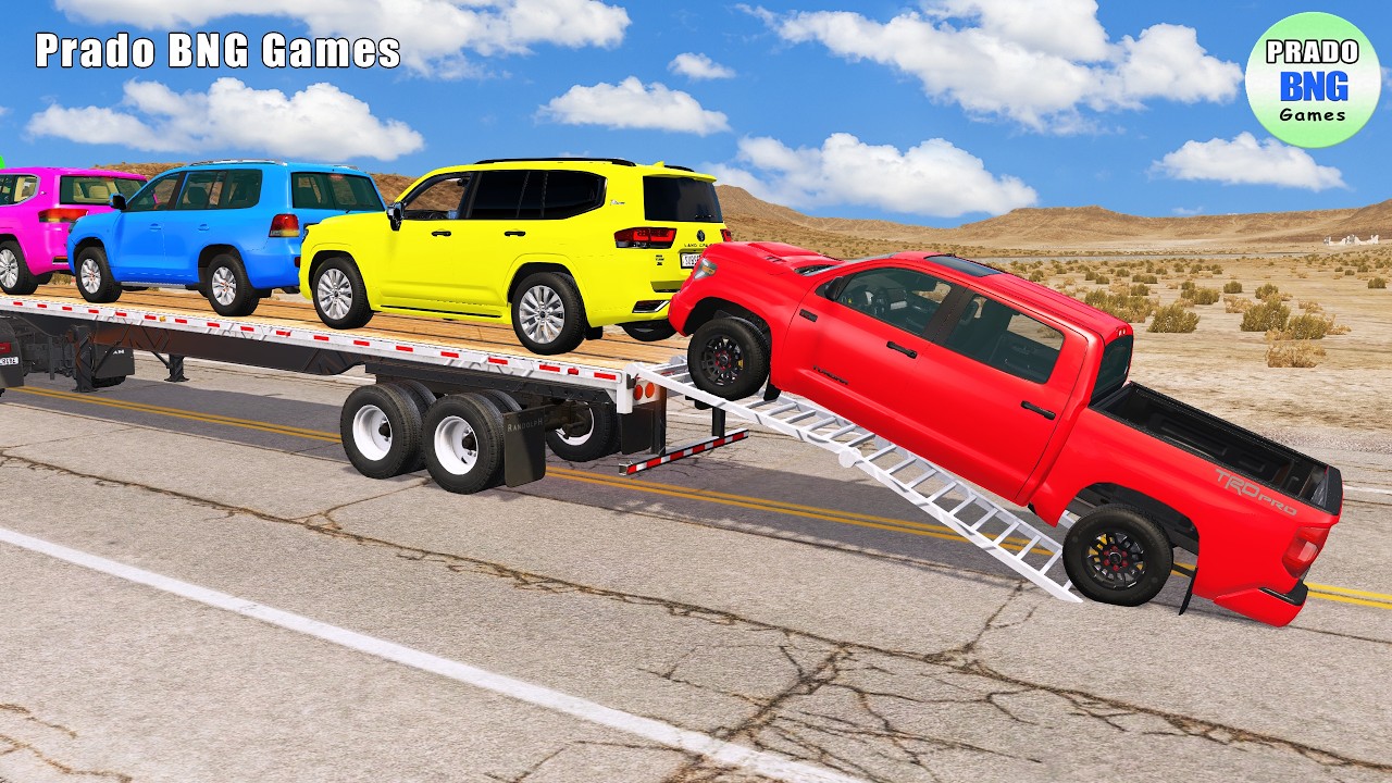 Toyota, Mercedes, трактор и грузовик с платформой против поезда – BeamNG.drive 442