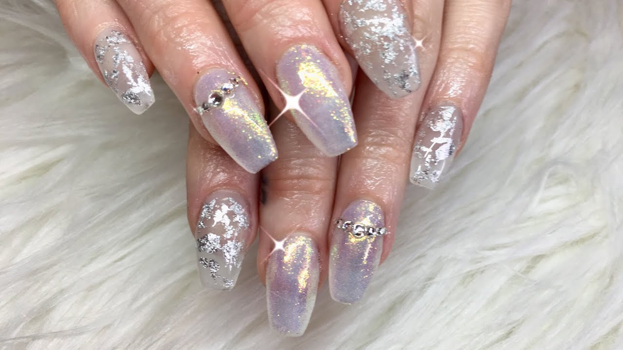 Acrylic Nails/Mermaid Glitter/Opal Gel/Foil flakes and Swarovski Crystals