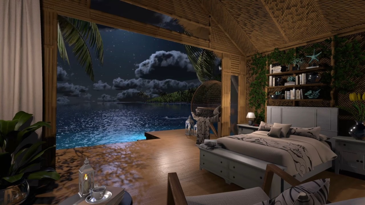Beach Hut Bedroom | Night Ambience | Ocean Waves & Tropical Nature Sounds