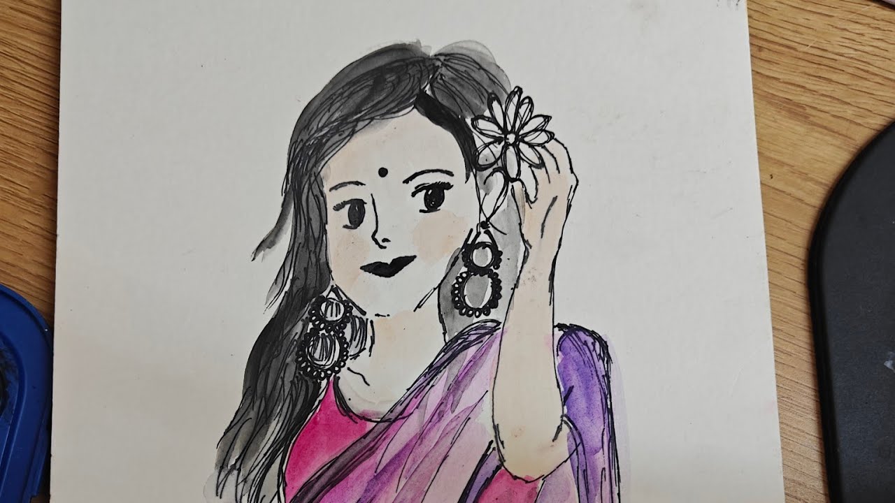 Ghibli-Inspired Girl Drawing | Water Brush Pen Art in Saree 🌸