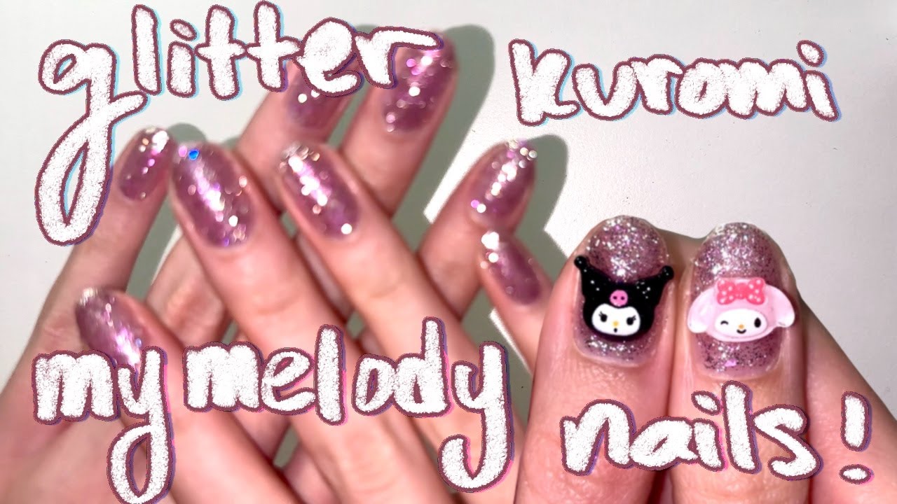 glittery kuromi and my melody nails 🎀 ☠️ quick and easy nail art ✨🌟