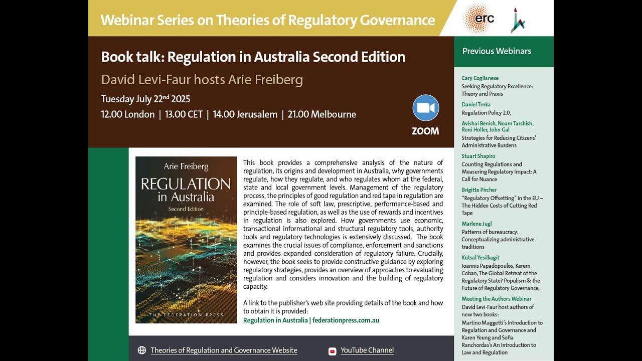 Book talk; Regulation in Australia Second Edition.  David Levi-Faur hosts Arie Freiberg