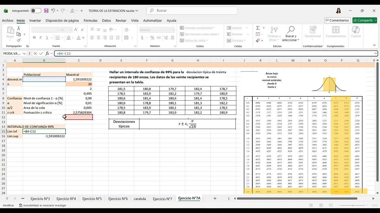 Estimación Estadística en Excel - Ejercitario 5 - Ejercicio 7A
