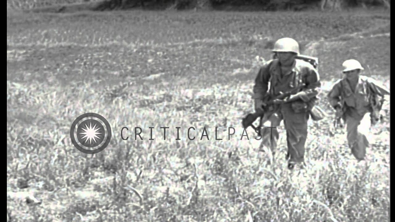 US 96th Division,381st Infantry soldiers advance across a field in Okinawa during...HD Stock Footage