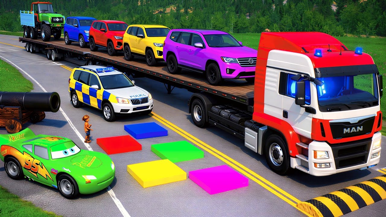 Double Flatbed Truck McQueen / Transportation with Truck / Pothole vs 14Car 58 / Mao Drive BeamNG