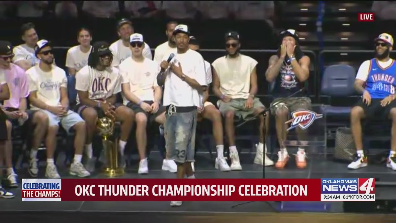Aaron Wiggins speaks at the OKC Thunder Championship Celebration