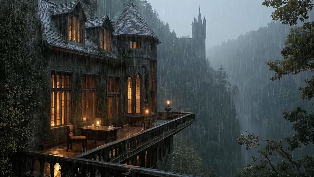Rainy Gothic Manor on the Cliffside | Candlelit Balcony Ambience | Dark Academia Piano for Study