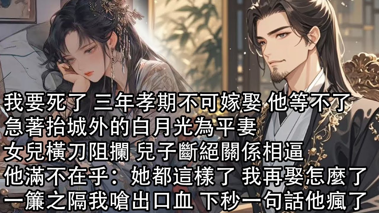 【一口氣看完】我要死了 三年孝期不可嫁娶 他等不了，急著抬城外的白月光為平妻，女兒橫刀阻攔 兒子斷絕關係相逼，他滿不在乎：她都這樣了 我再娶怎麼了，一簾之隔我嗆出口血 下秒一句話他瘋了