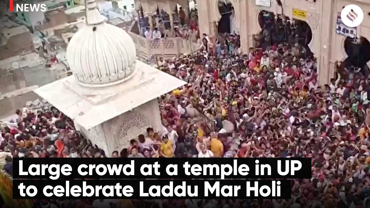 Large crowd at a temple in UP to celebrate Laddu Mar Holi