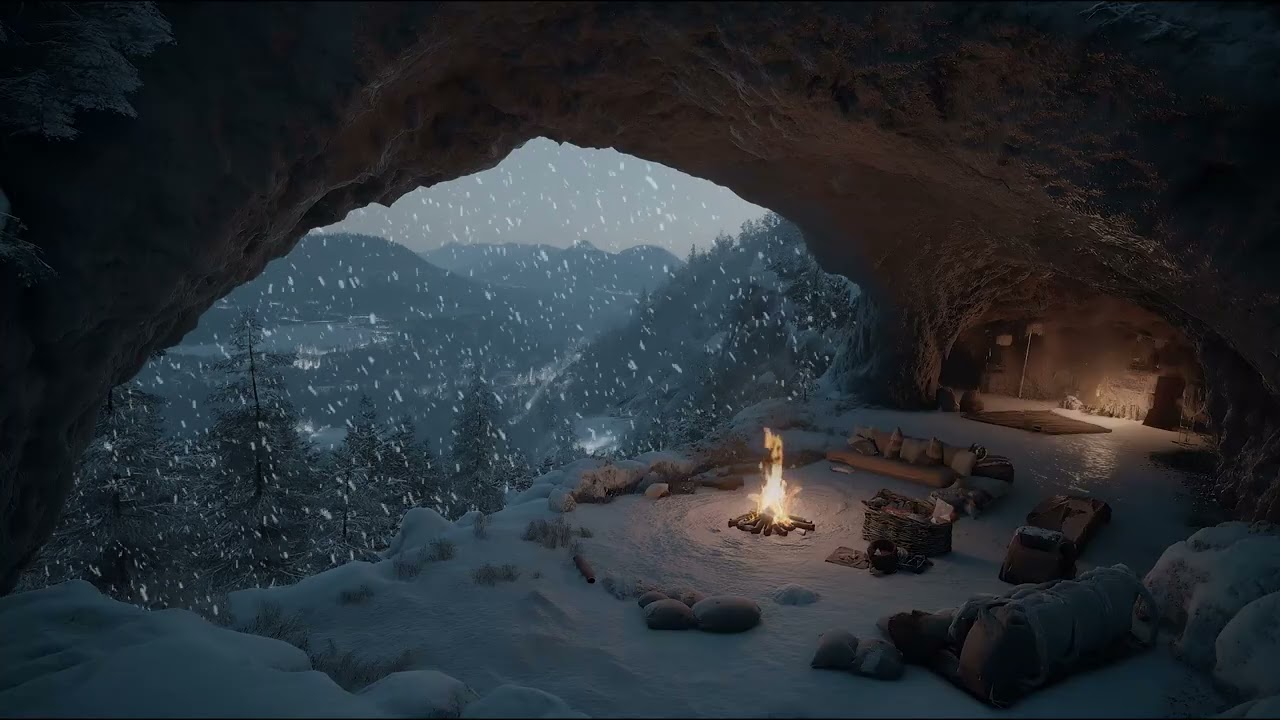 Snowfall Outside a Warm Cave – Fireplace Crackling and Wind Ambience for Relaxation & Sleep
