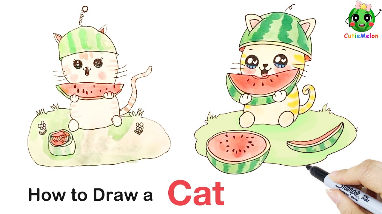 兒童簡筆畫吃西瓜的可愛小猫 How to Draw a Cute Cat Eating Watermelon! Easy Drawings for kids【西瓜寶寶學畫畫學英語】兒童繪畫教程