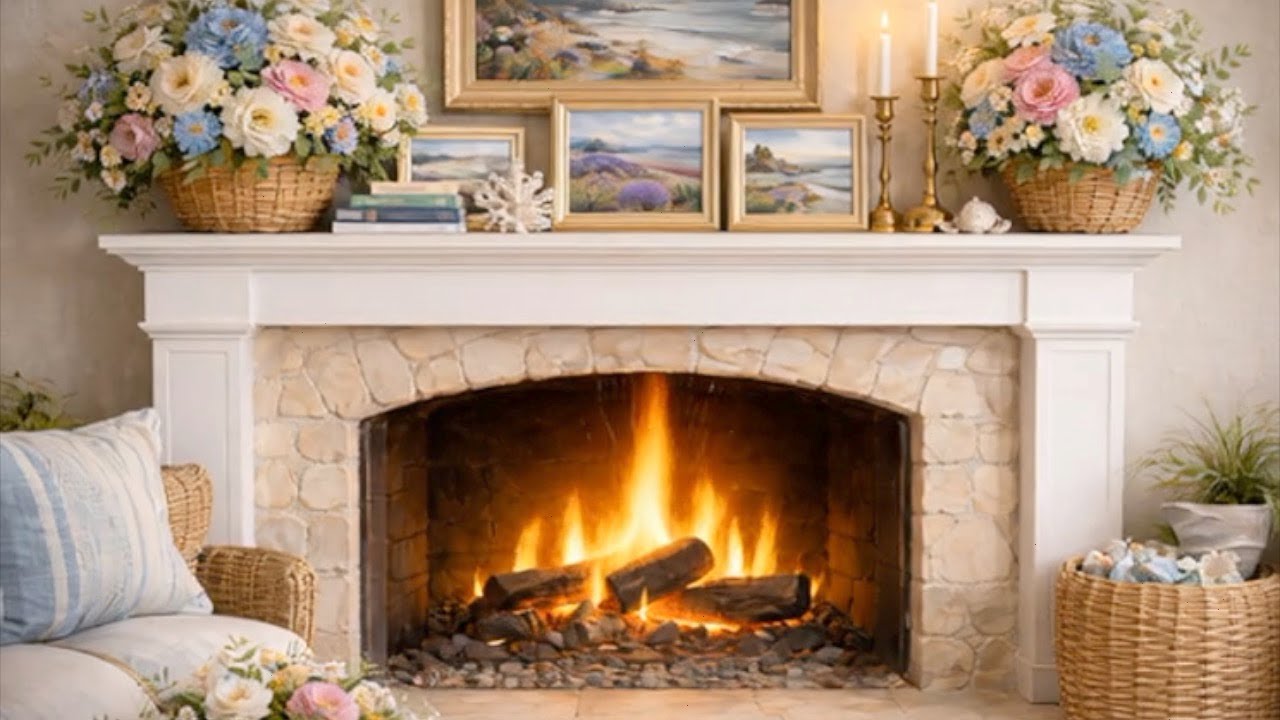 4 Hour Cozy Coastal Fireplace | Coastal Living Room Ambience | Relax, Focus, Sleep