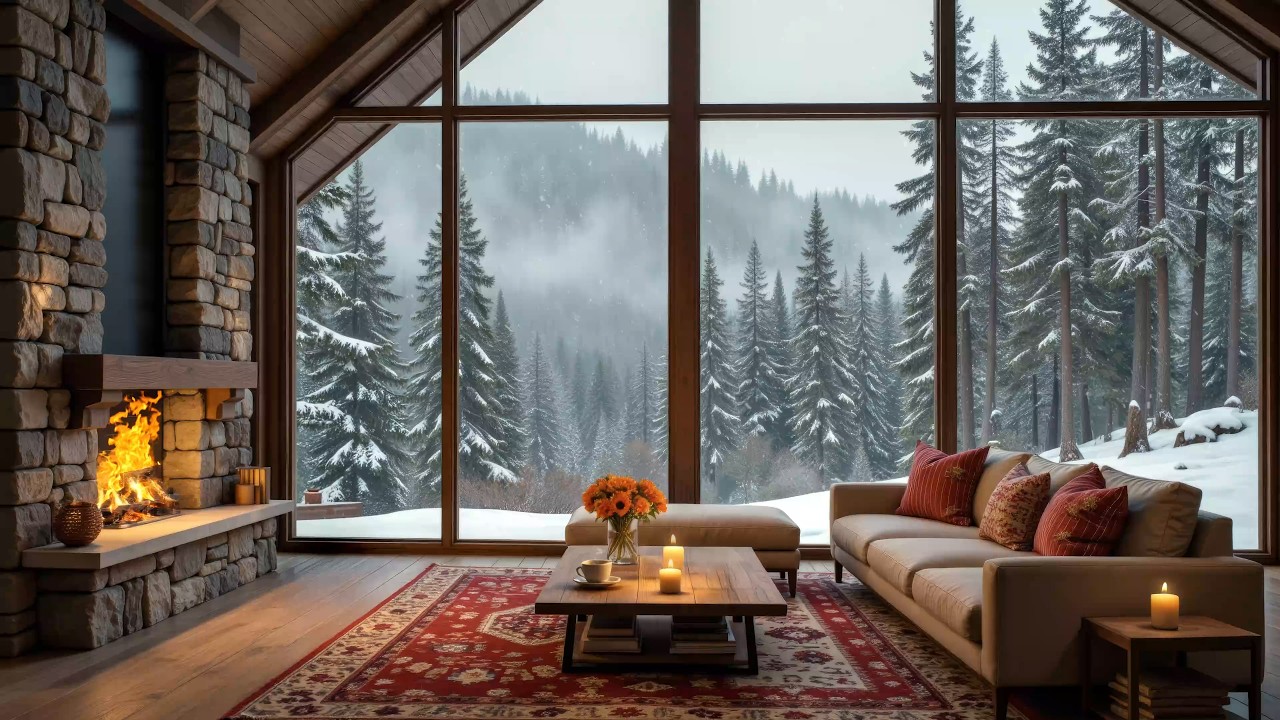 Relaxing Winter Ambience at Cozy Fireside Cabin ❄️🔥 Soothing Piano Music Background for Relaxation
