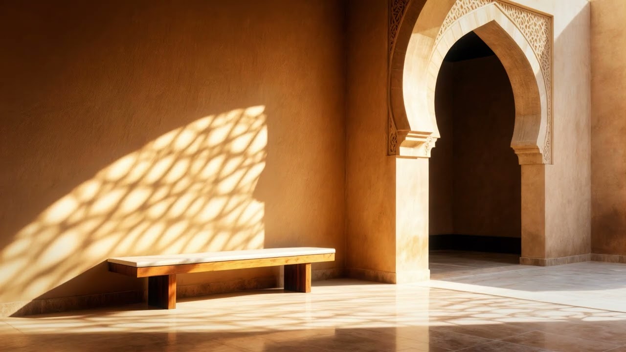 Sunlit Arabic Arch with Minimal Bench and Warm Shadows 4K Free Stock Footage| Minimal Scene