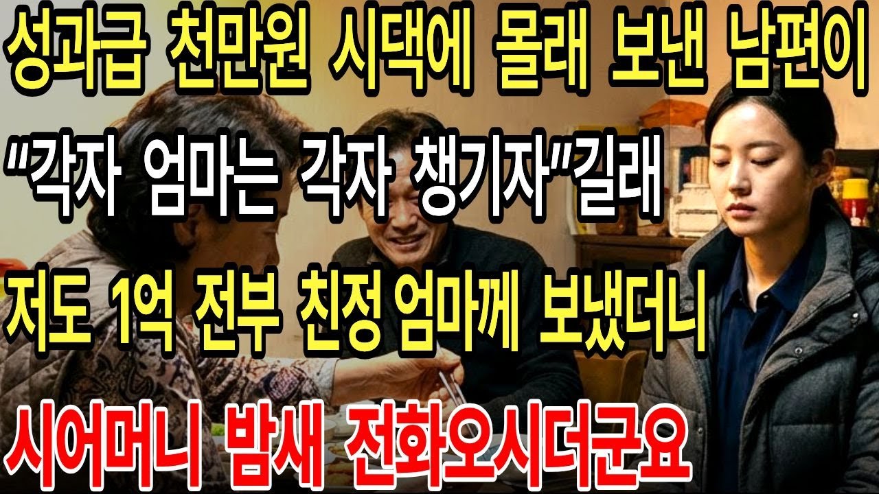 성과급 천만원 시댁에 몰래 보낸 남편, “각자 엄마는 각자 챙기자”길래 저도 1억 전부 친정 엄마께 드렸더니 시어머니 밤새 전화오시더군요