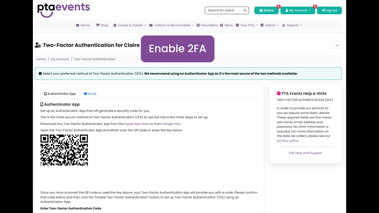 PTA Events Tutorials - Two factor Authentication
