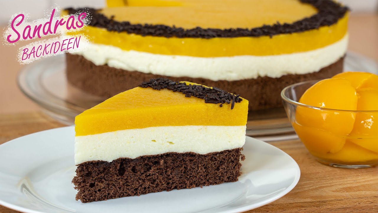 Pfirsich Sahne Torte mit Schokobiskuit - einfach, schnell & lecker / leichtes Rezept / Peach Cake