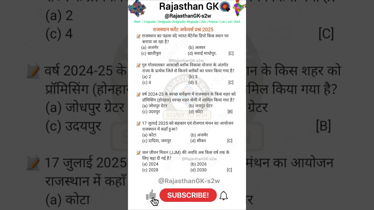 Rajasthan Current Affairs 2025 | Rajasthan Current GK | Daily Current GK Quiz 