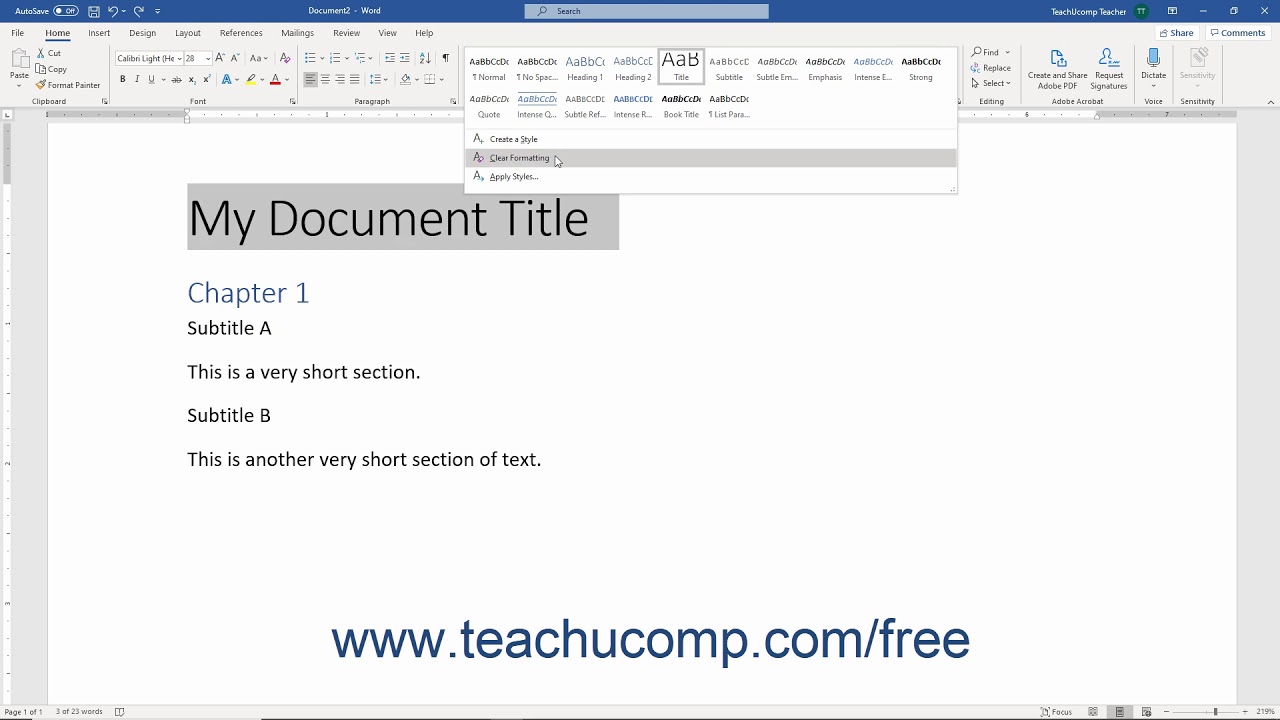 Word 2019 and 365 Tutorial Clearing Styles from Text Microsoft Training