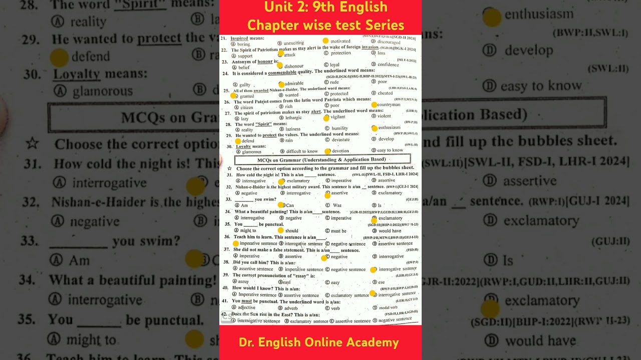 Unit 2: 9th English Chapter/Unit Wise test series #pastpaper#9thclassenglishguesspaper2023#education