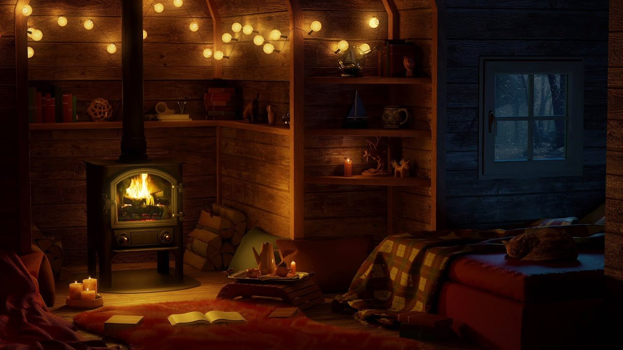 Deep Sleep with the Relaxing Sounds of a Blizzard in a Cozy Cabin with a Fireplace