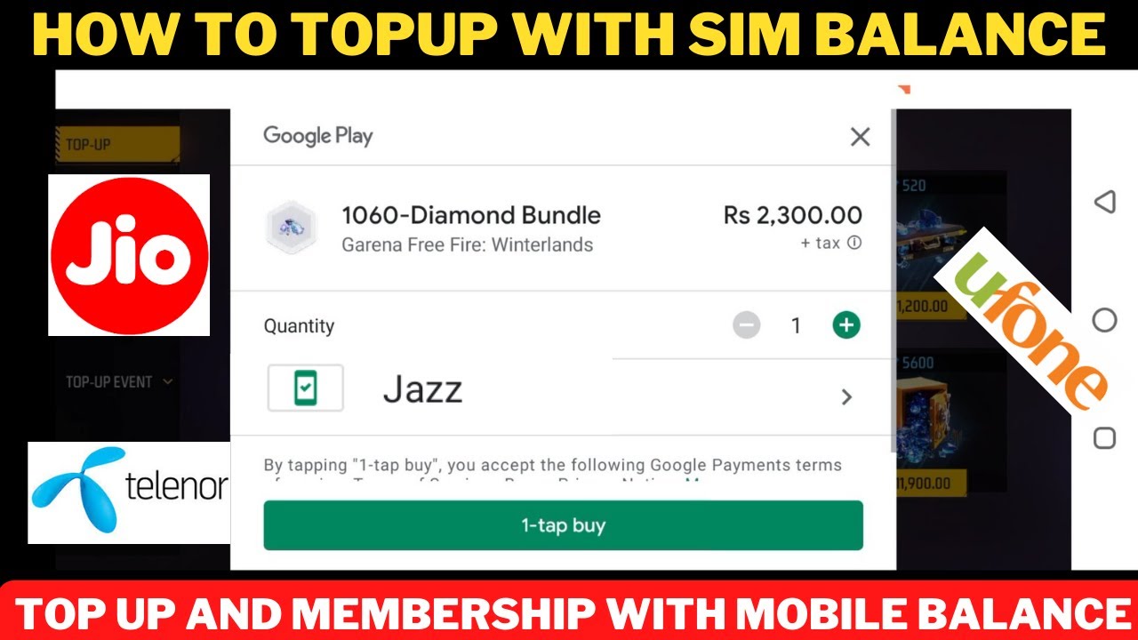 How to top up with sim balance in free fire || top up and membership with mobile balance