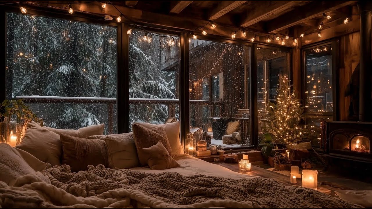 Warm Cabin Bedroom Ambience 🔥 Crackling Wood Stove & Heavy Snow