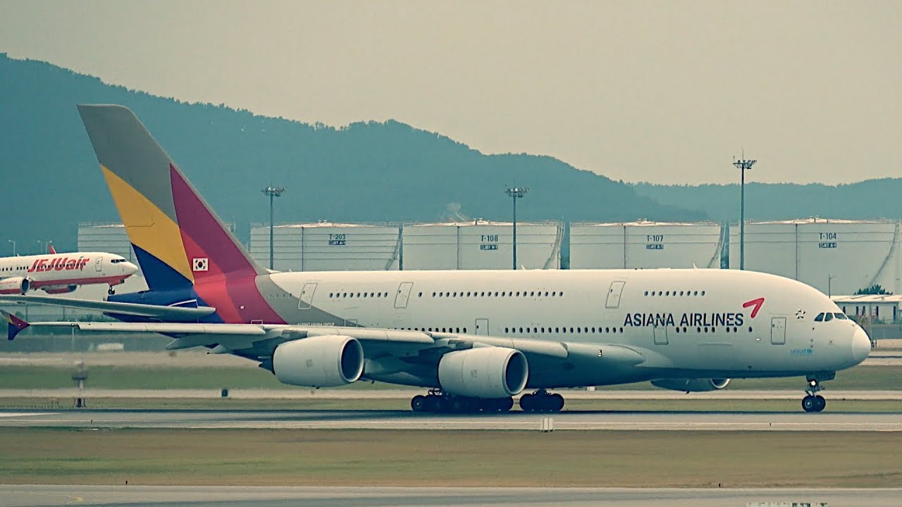 [4K] Взлет самолета Airbus A388 Asiana в аэропорту Сеула