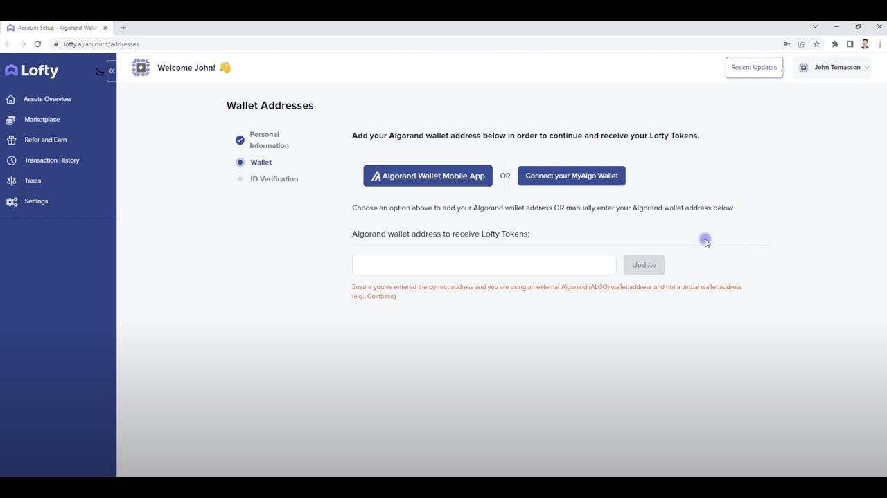 How to connect your Algorand Wallet to your Lofty Account