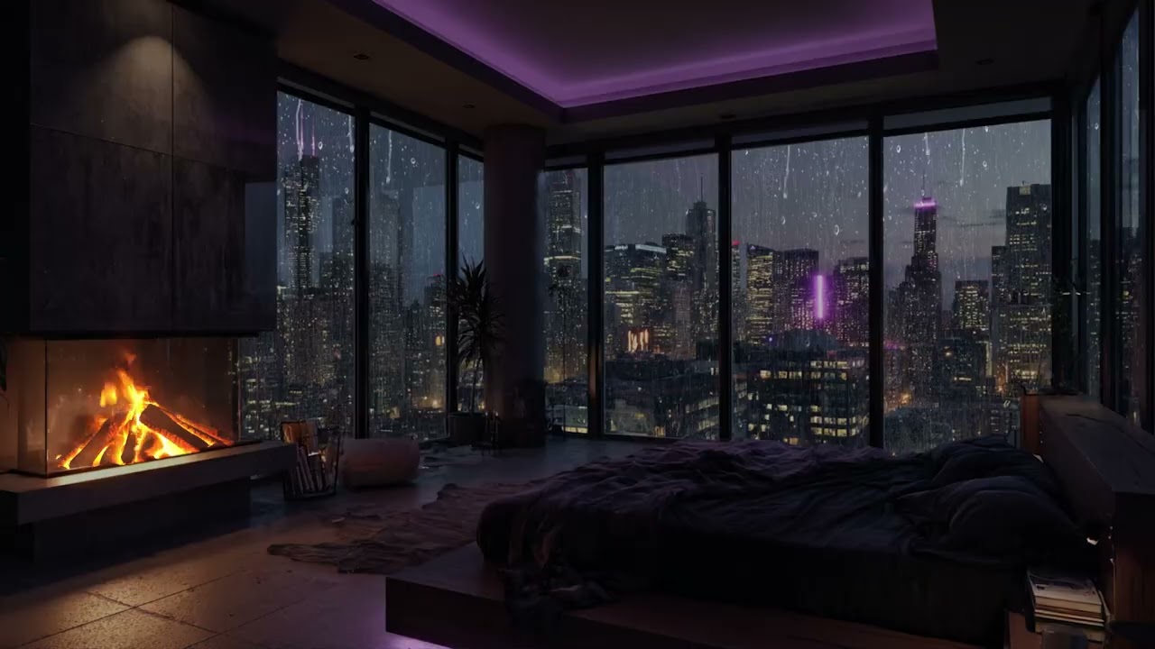 Moonlight and Rain Sounds 🌙 | Cozy Piano Fireplace Lounge for Stress Relief