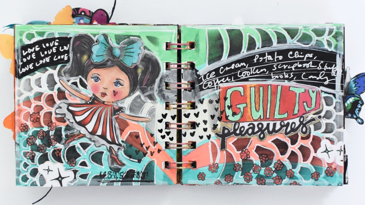 Guilty Pleasures: Whimsical Art Journal Spread with Aqua & Red Hues, Stamped Images and a Stencil