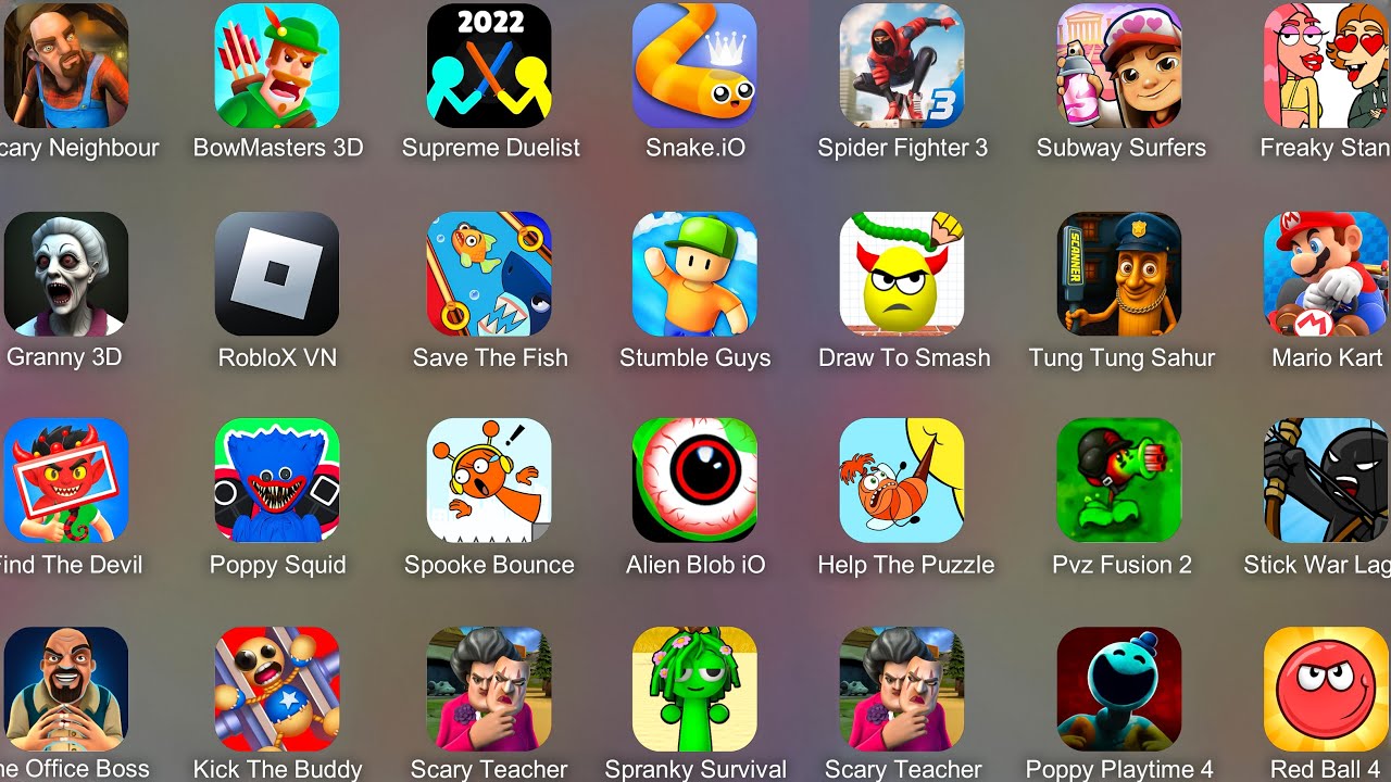 Bowmasters,Stick War Legacy,Stumble Guys,Regdoll Break,Lucky Balls,Save The Dog,Scary Teacher 3D....