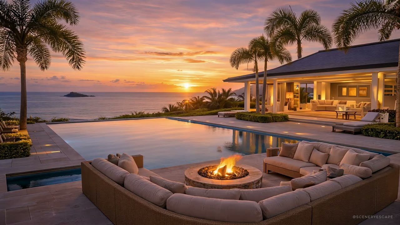 Luxury Beach House Sunset | Island Acoustic Music & Ocean Relaxation 🌅