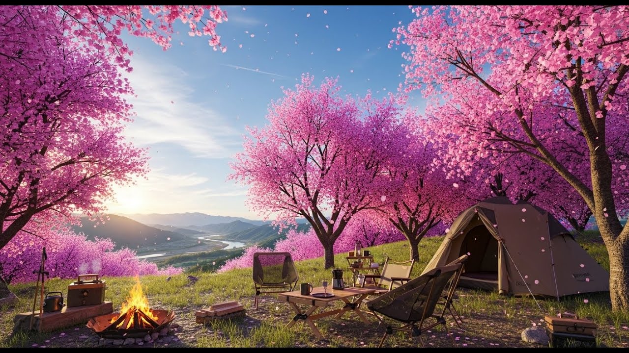 24/7 Cherry Blossom Campfire 🌸🔥 | Spring Night Sleep Ambience|No Talking|relaxingmusic