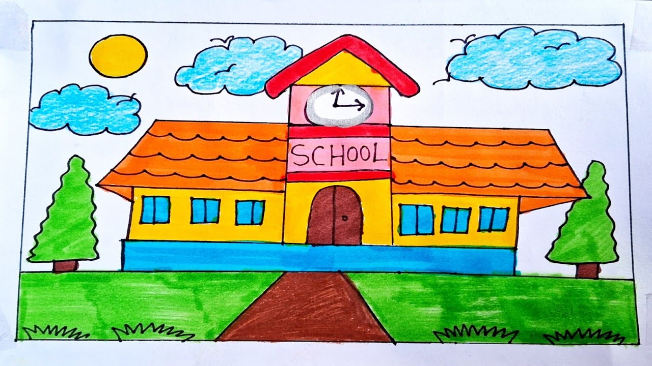 Drawing School / My School Drawing Easy / How to Draw a School Step by step with colour / Drawing 
