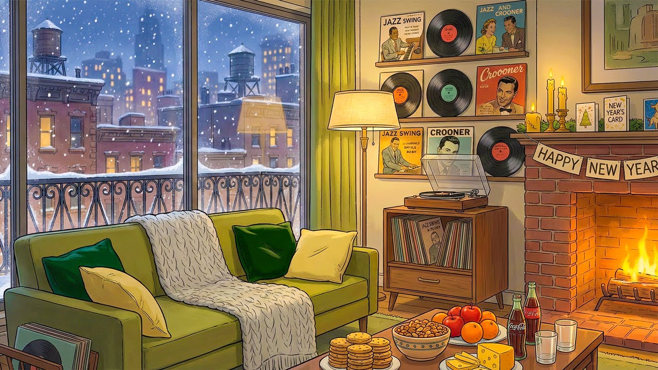 a cozy snowy New Year's Eve night celebration with 1950s vintage oldies playing in another room