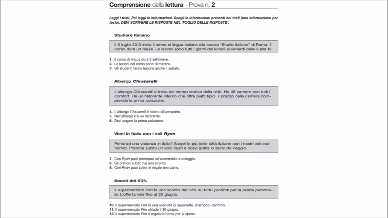 CILS A1 | Giugno 2013 | Comprensione della Lettura | Prova Completa