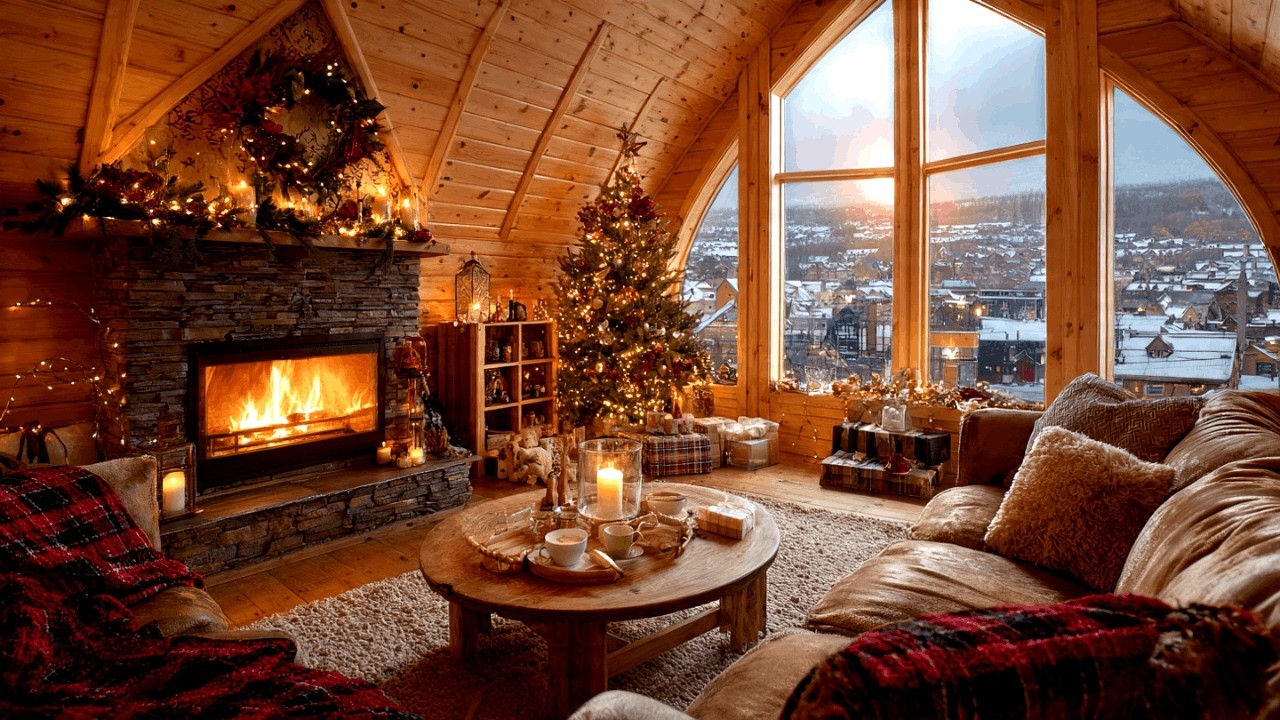 Uplifting Jazz Instrumental in a Cozy Winter Cabin with Warm Fireplace Ambience