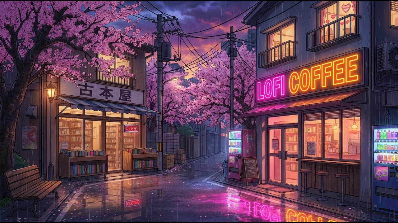Valentine Relaxing Nights in 80s Neon Lofi Cafe 🌸☔ Chill Lofi Hip Hop Music and Study Beats