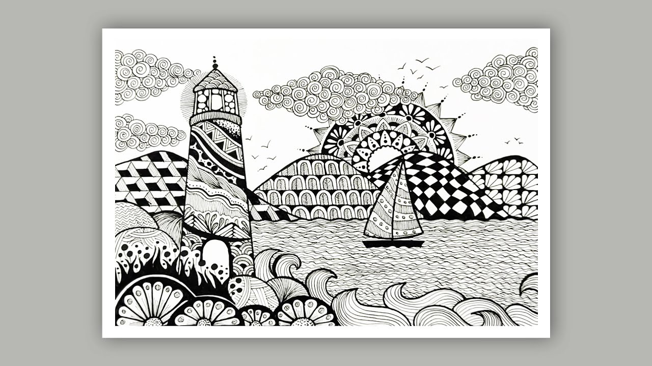 Zentangle landscape || zentangle lighthouse || easy zentangle art for beginners step by step
