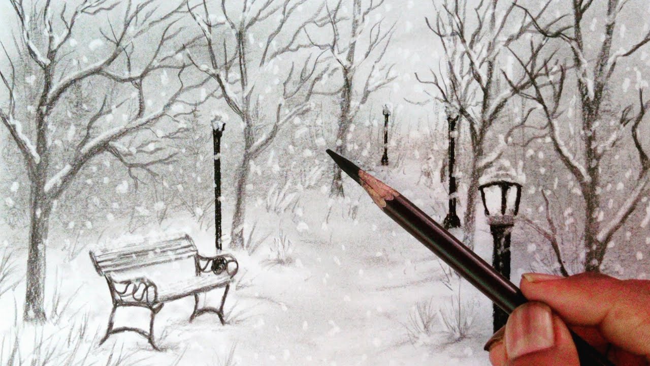 Snowfall landscape scenery drawing by pencil with easy ways// Nature drawing//
